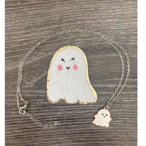 New! White & Gold GHOST Patch & Necklace - Halloween Two Piece Set - Picture 1 of 8